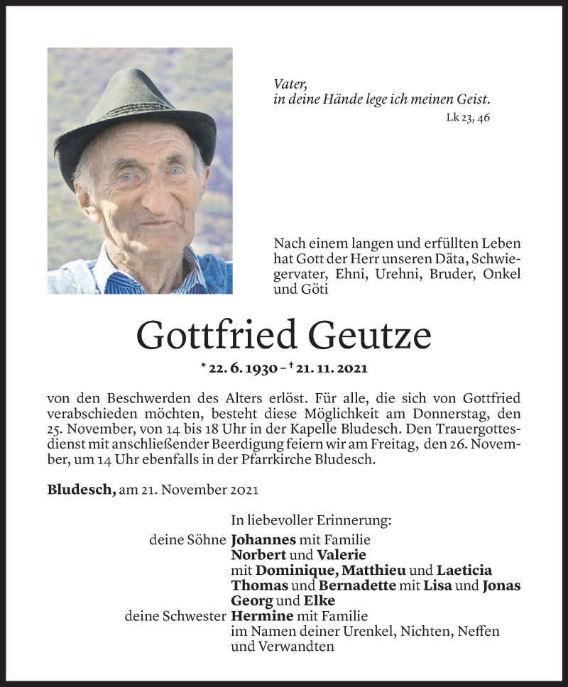  Todesanzeige für Gottfried Geutze vom 23.11.2021 aus Vorarlberger Nachrichten