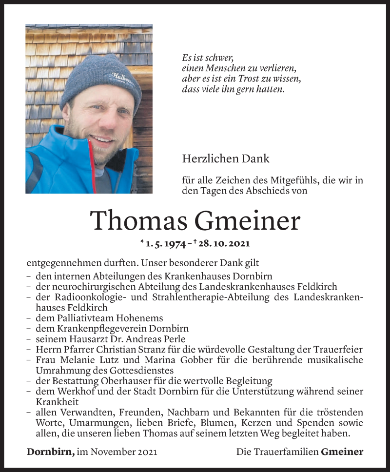  Todesanzeige für Thomas Gmeiner vom 25.11.2021 aus Vorarlberger Nachrichten