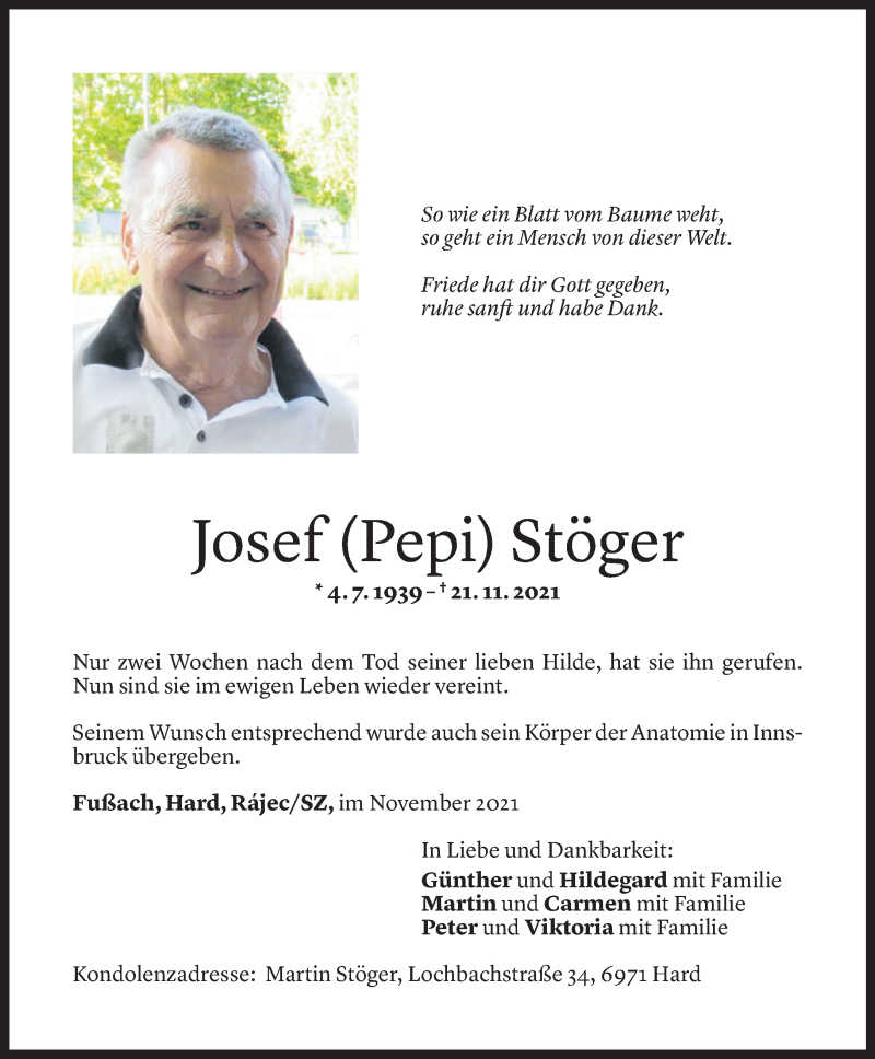  Todesanzeige für Josef Stöger vom 27.11.2021 aus Vorarlberger Nachrichten