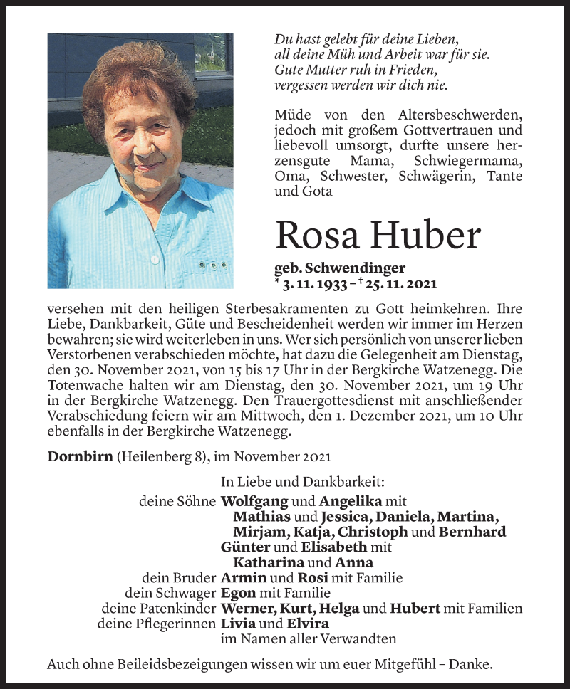  Todesanzeige für Rosa Huber vom 28.11.2021 aus Vorarlberger Nachrichten