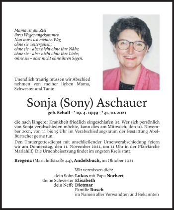 Todesanzeige von Sonja Aschauer von Vorarlberger Nachrichten