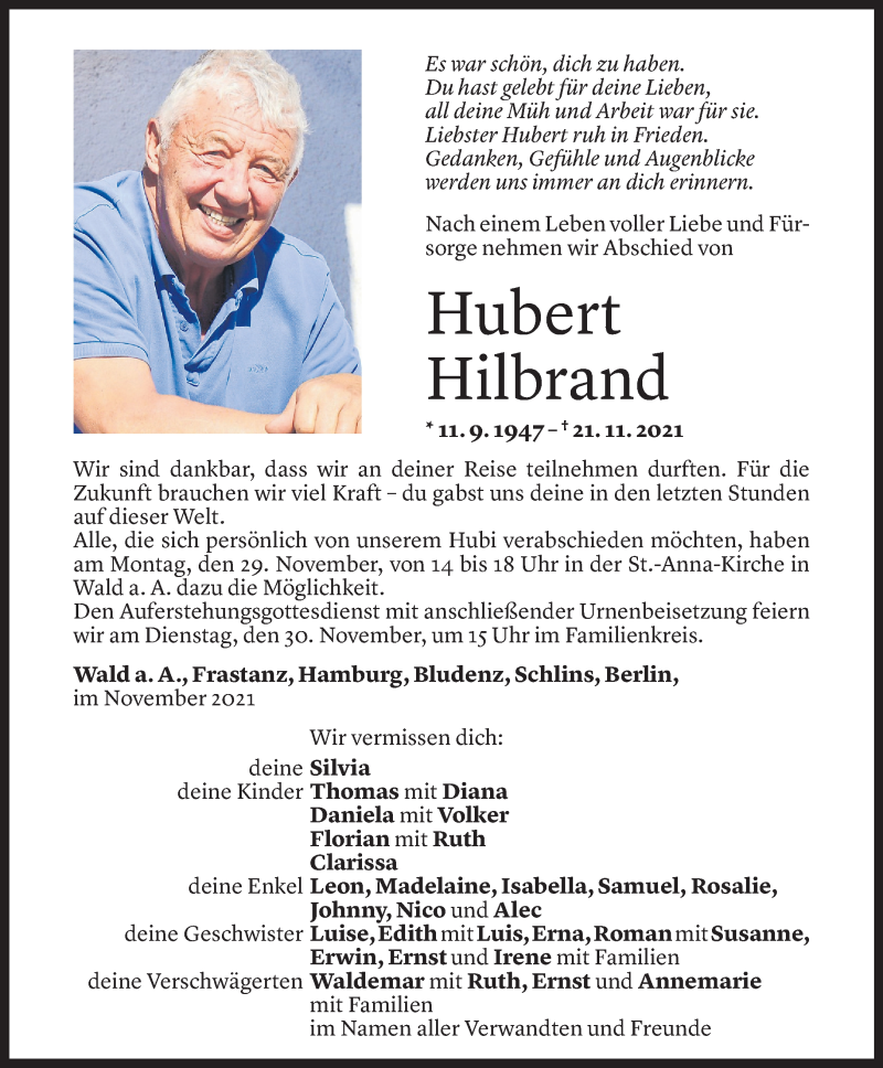  Todesanzeige für Hubert Hilbrand vom 25.11.2021 aus Vorarlberger Nachrichten