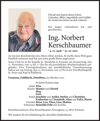 Todesanzeige von Norbert Kerschbaumer von Vorarlberger Nachrichten