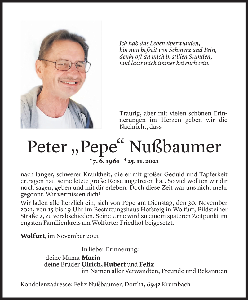 Todesanzeige für Peter Nußbaumer vom 26.11.2021 aus Vorarlberger Nachrichten