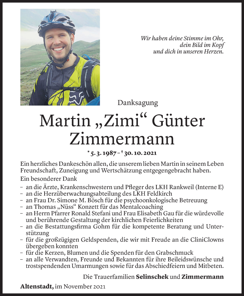  Todesanzeige für Martin Günter Zimmermann vom 26.11.2021 aus Vorarlberger Nachrichten