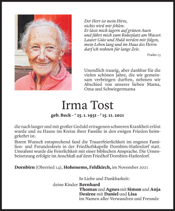 Todesanzeige von Irma Tost von Vorarlberger Nachrichten