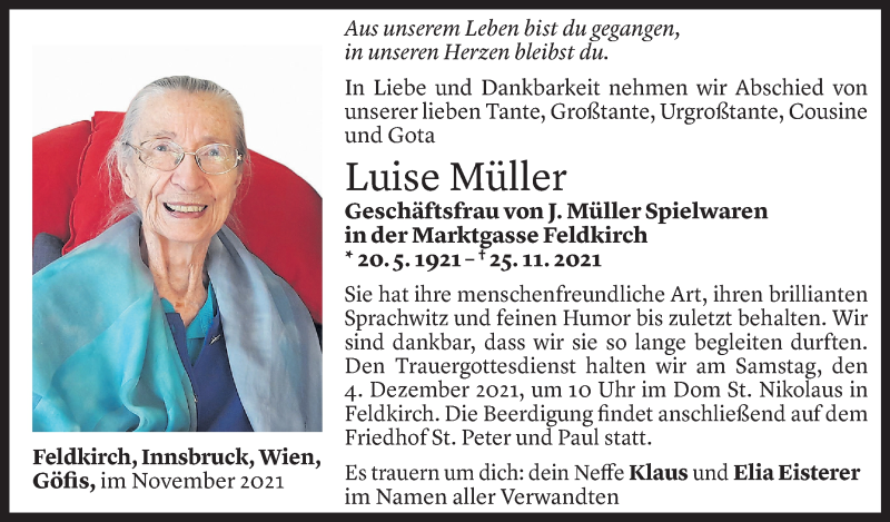  Todesanzeige für Luise Müller vom 30.11.2021 aus Vorarlberger Nachrichten