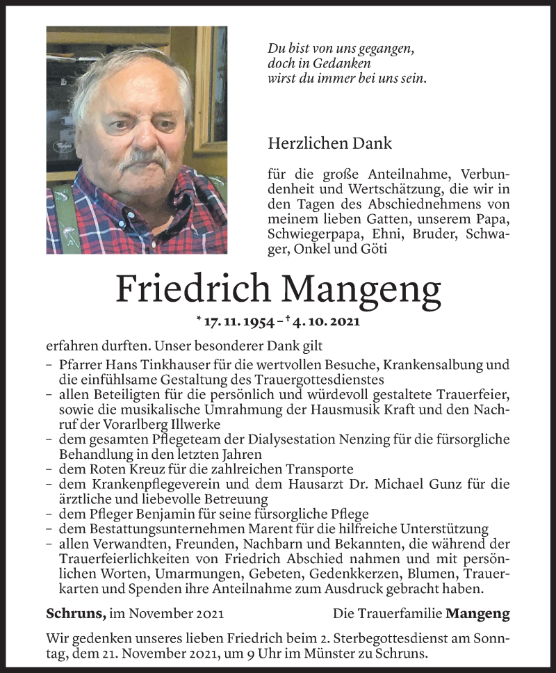  Todesanzeige für Friedrich Mangeng vom 12.11.2021 aus Vorarlberger Nachrichten