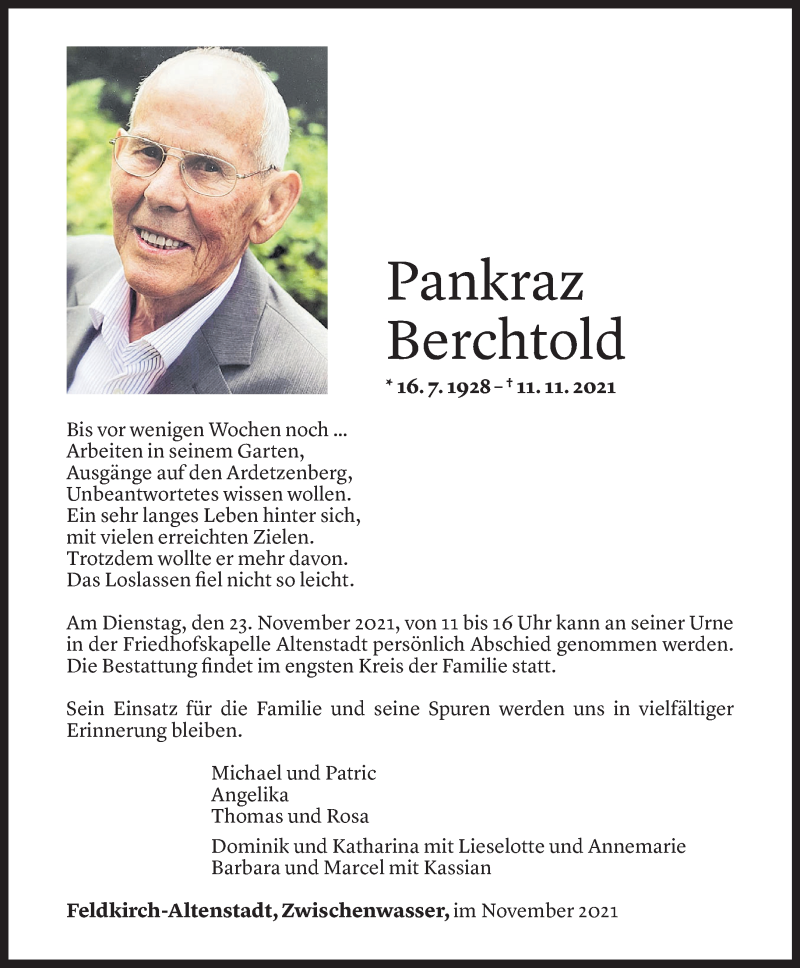  Todesanzeige für Pankraz Berchtold vom 20.11.2021 aus Vorarlberger Nachrichten