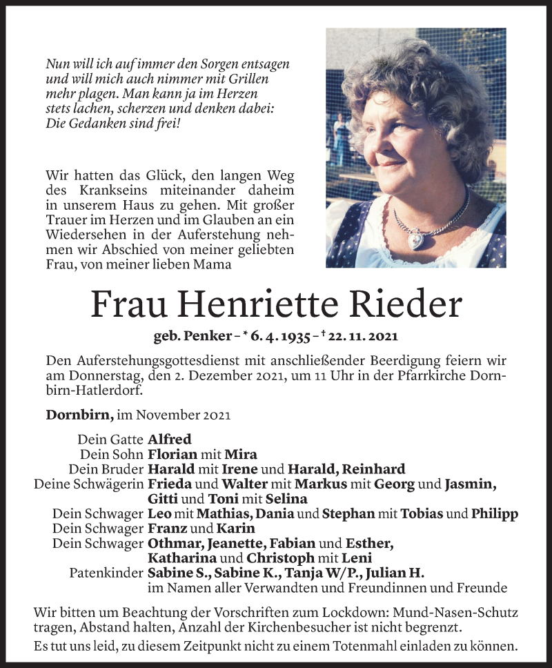  Todesanzeige für Henriette Rieder vom 29.11.2021 aus Vorarlberger Nachrichten