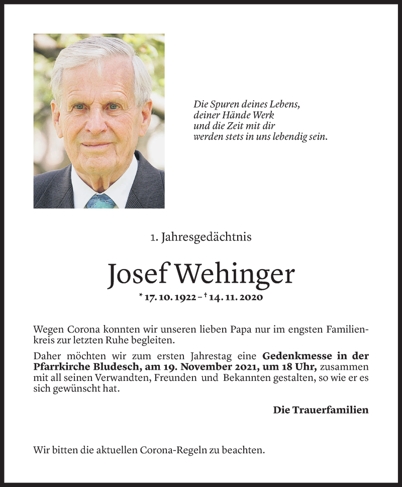  Todesanzeige für Josef Wehinger vom 14.11.2021 aus Vorarlberger Nachrichten
