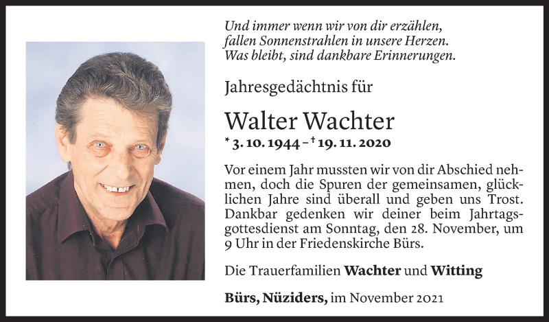  Todesanzeige für Walter Wachter vom 25.11.2021 aus Vorarlberger Nachrichten