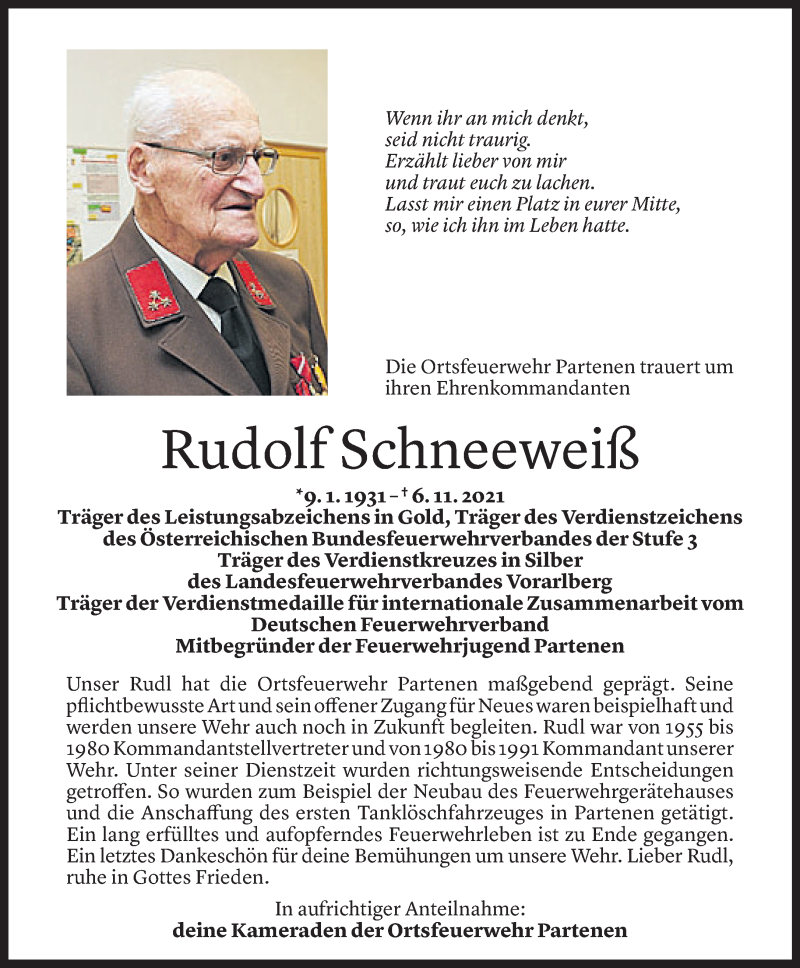  Todesanzeige für Rudolf Schneeweiß vom 07.11.2021 aus Vorarlberger Nachrichten