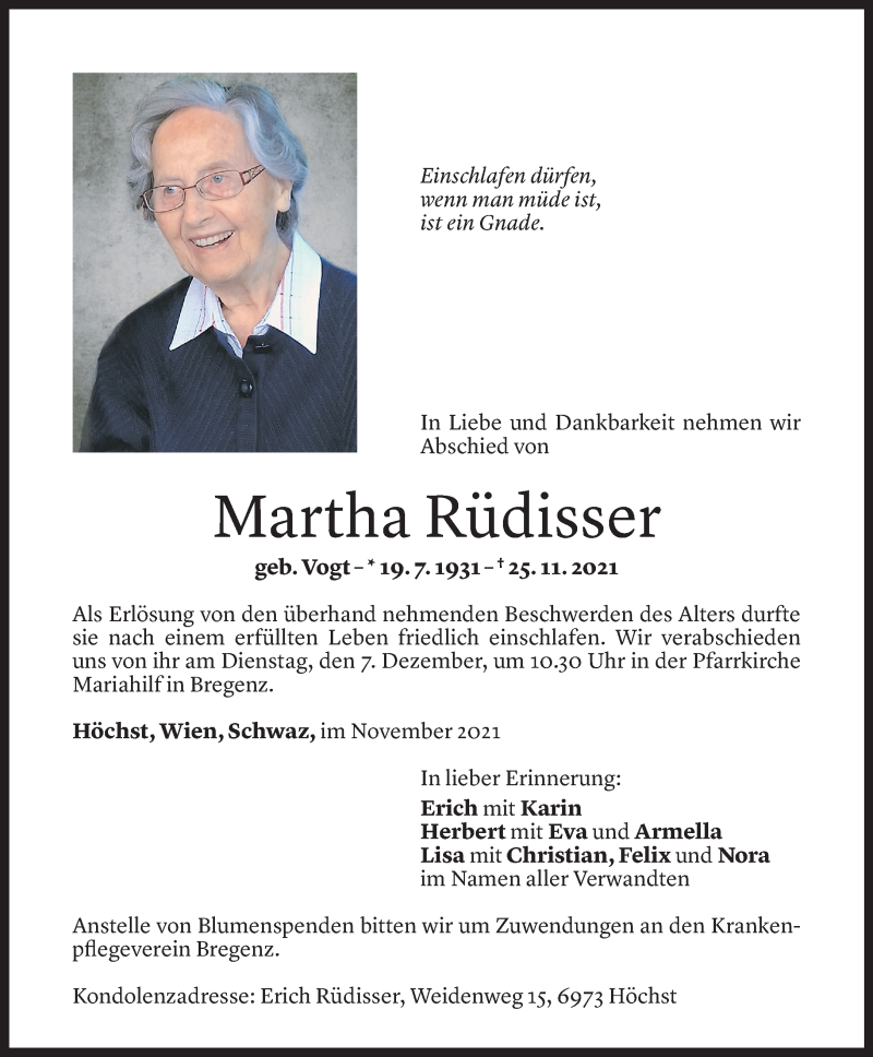  Todesanzeige für Martha Rüdisser vom 30.11.2021 aus Vorarlberger Nachrichten
