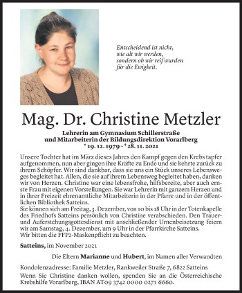 Todesanzeige von Christine Metzler von Vorarlberger Nachrichten