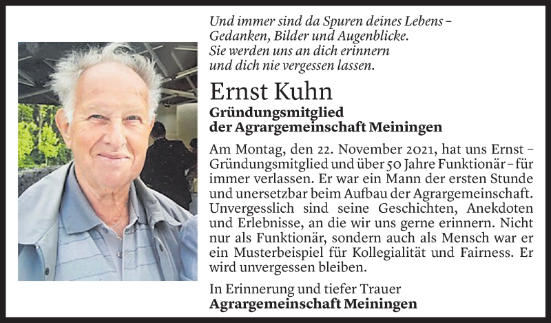  Todesanzeige für Ernst Kuhn vom 26.11.2021 aus Vorarlberger Nachrichten