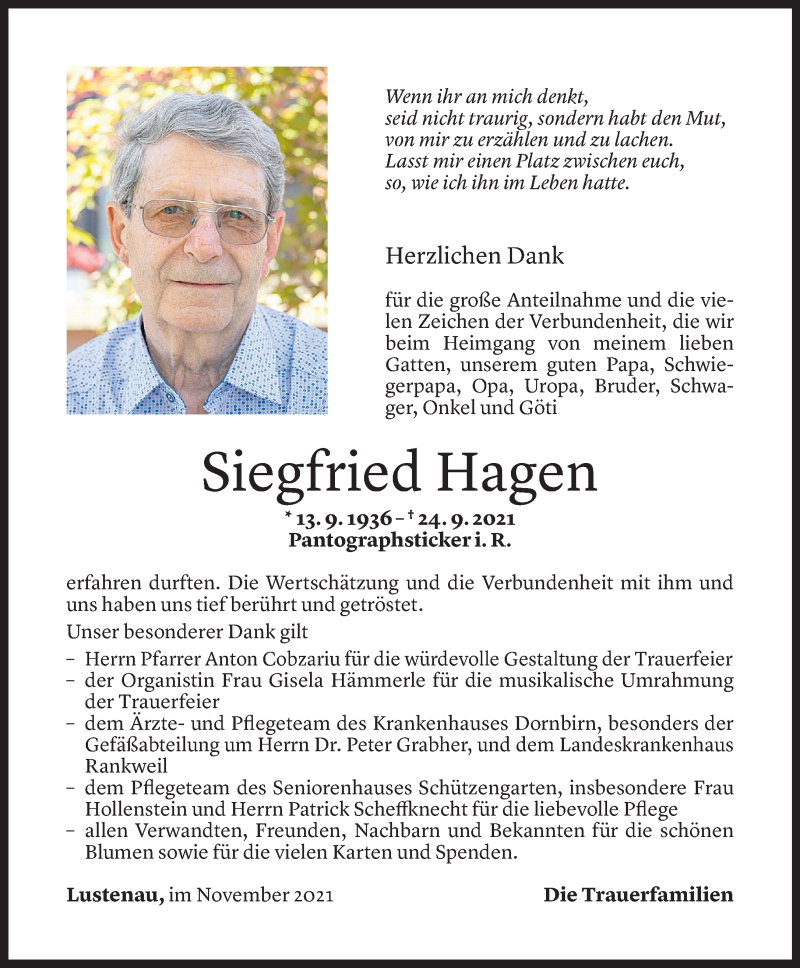  Todesanzeige für Siegfried Hagen vom 03.11.2021 aus Vorarlberger Nachrichten
