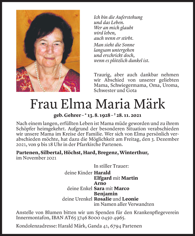  Todesanzeige für Elma Maria Märk vom 02.12.2021 aus Vorarlberger Nachrichten