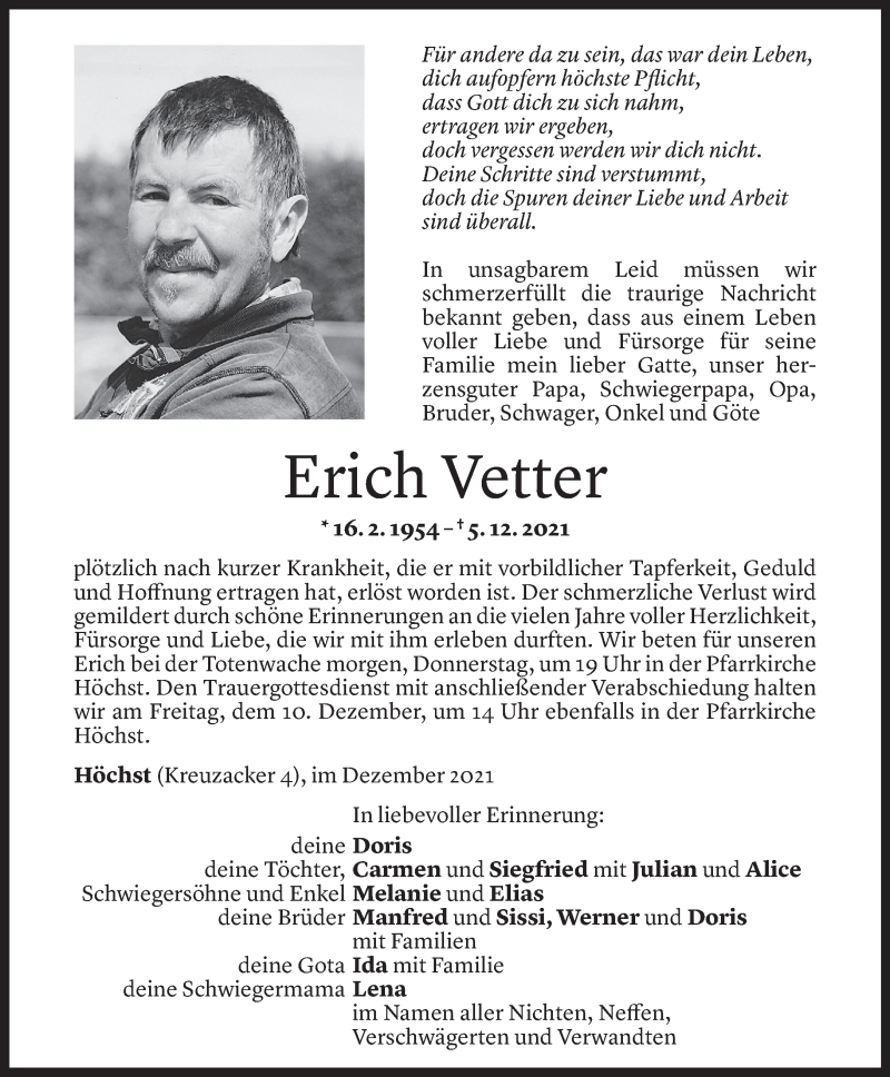  Todesanzeige für Erich Vetter vom 07.12.2021 aus Vorarlberger Nachrichten