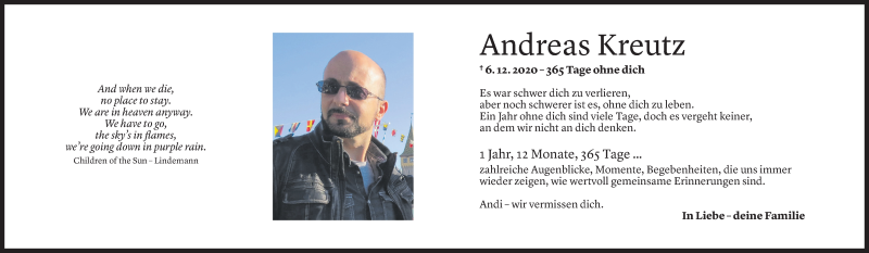  Todesanzeige für Andreas Kreutz vom 03.12.2021 aus Vorarlberger Nachrichten