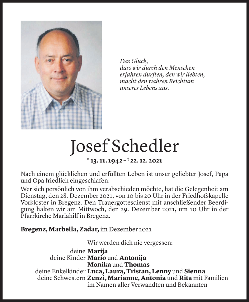  Todesanzeige für Josef Schedler vom 26.12.2021 aus Vorarlberger Nachrichten