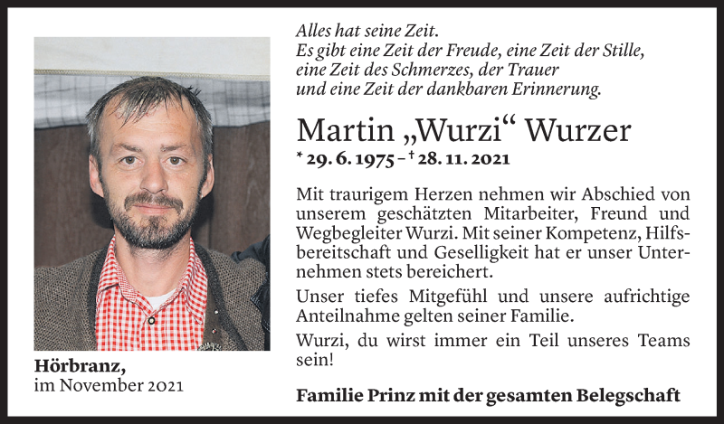  Todesanzeige für Martin Wurzer vom 06.12.2021 aus Vorarlberger Nachrichten