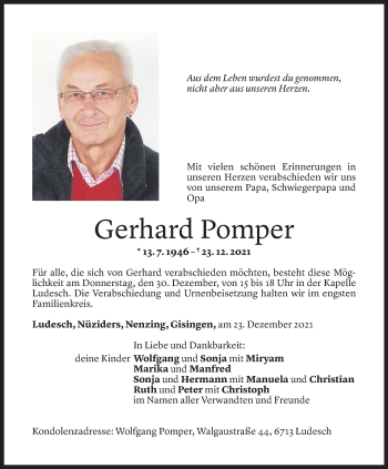 Todesanzeige von Gerhard Pomper von Vorarlberger Nachrichten