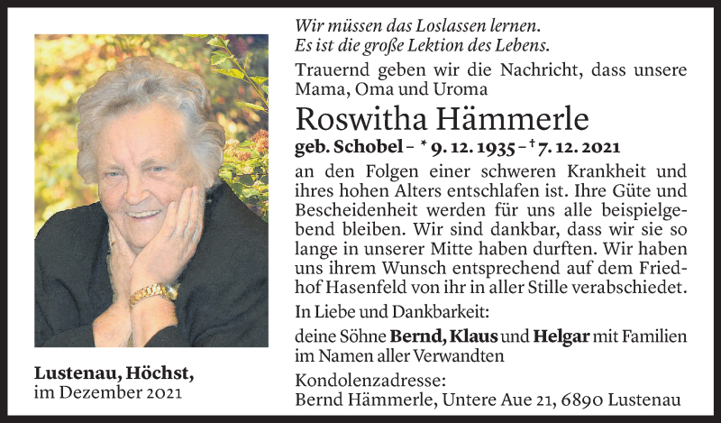  Todesanzeige für Roswitha Hämmerle vom 14.12.2021 aus Vorarlberger Nachrichten