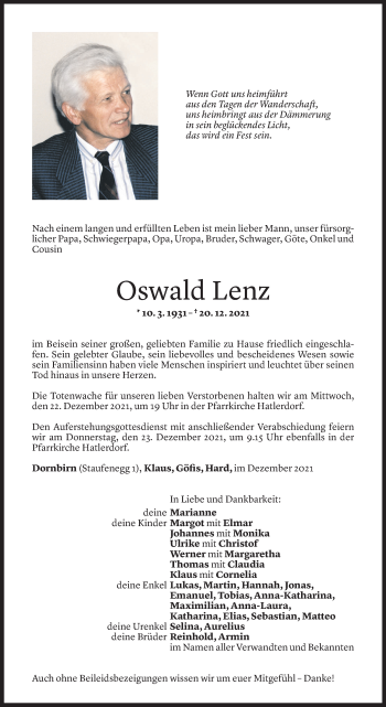 Todesanzeige von Oswald Lenz von Vorarlberger Nachrichten