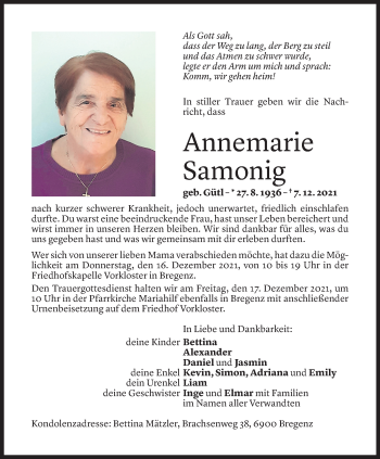 Todesanzeige von Annemarie Samonig von Vorarlberger Nachrichten