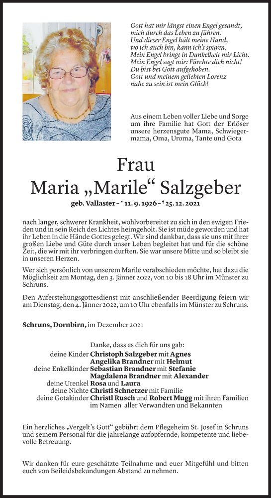  Todesanzeige für Maria Salzgeber vom 30.12.2021 aus Vorarlberger Nachrichten
