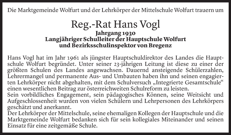  Todesanzeige für Hans Vogl vom 07.12.2021 aus Vorarlberger Nachrichten
