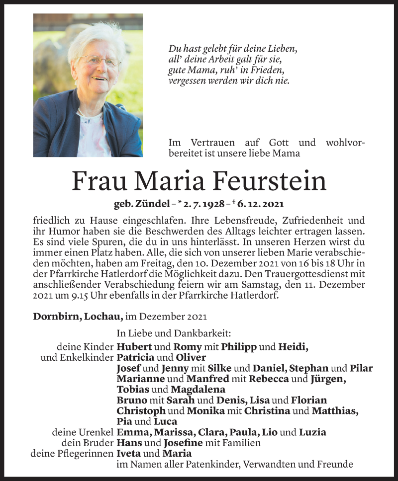  Todesanzeige für Maria Feurstein vom 07.12.2021 aus Vorarlberger Nachrichten
