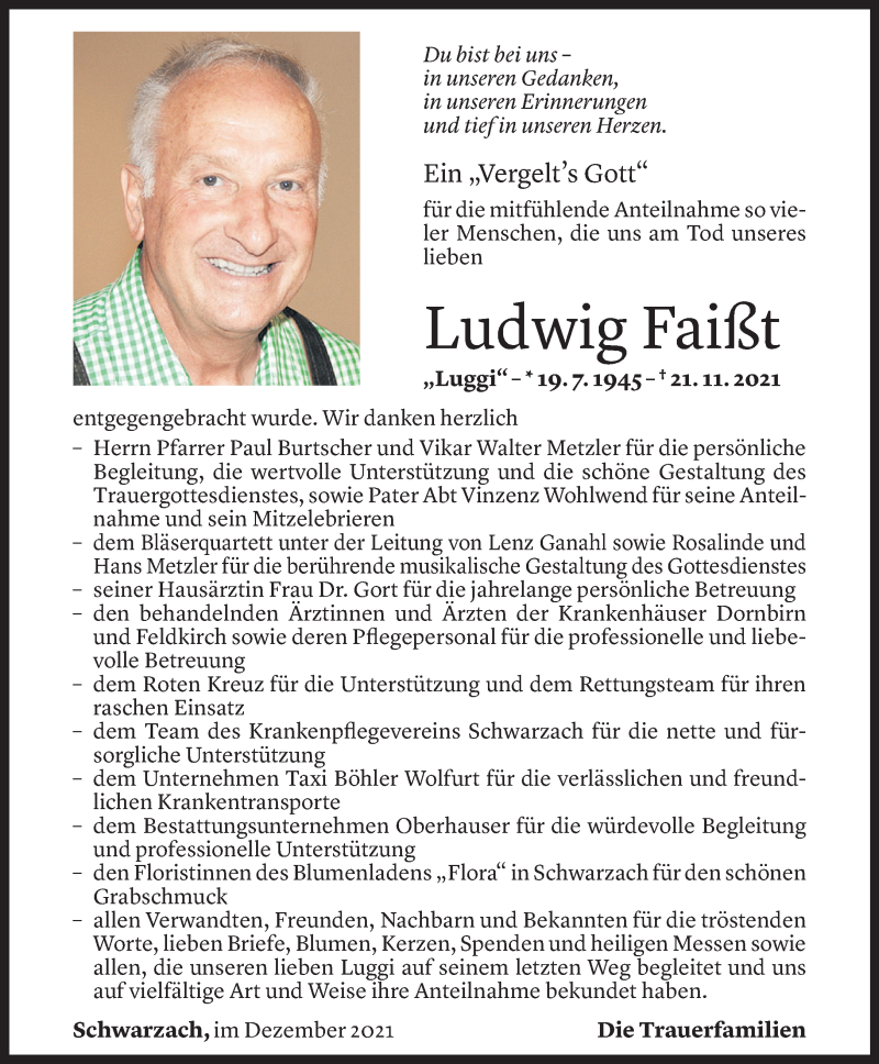  Todesanzeige für Ludwig Faißt vom 22.12.2021 aus Vorarlberger Nachrichten