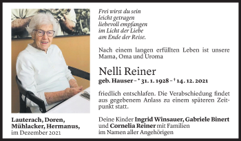 Todesanzeige von Nelli Reiner von Vorarlberger Nachrichten