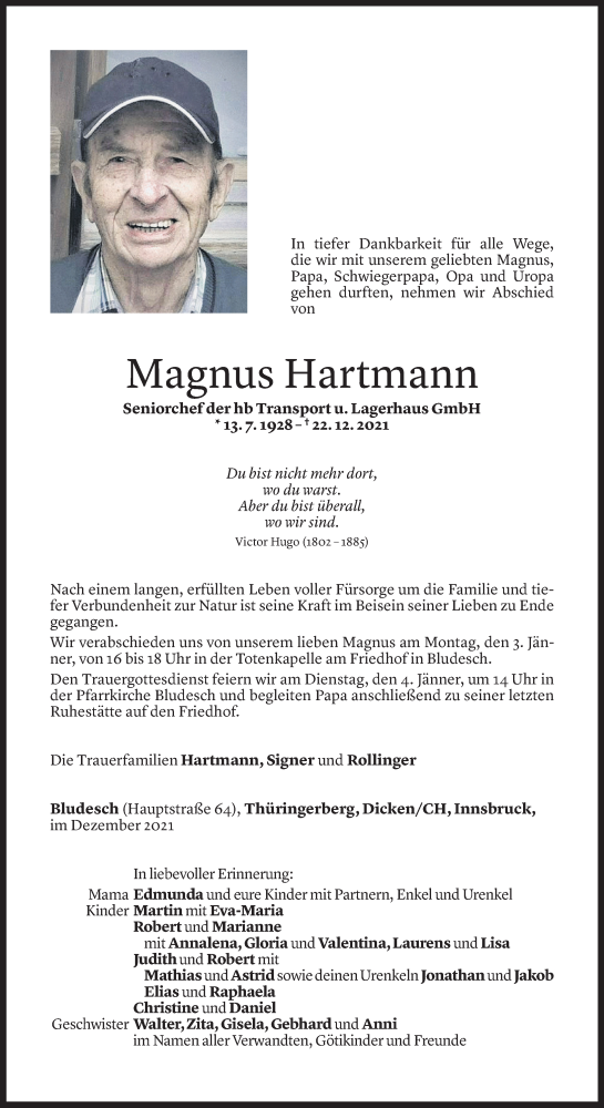  Todesanzeige für Magnus Hartmann vom 30.12.2021 aus Vorarlberger Nachrichten