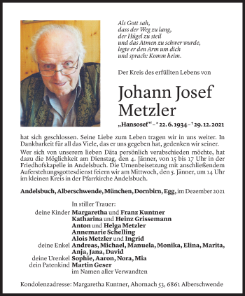 Todesanzeige von Johann Josef Metzler von Vorarlberger Nachrichten