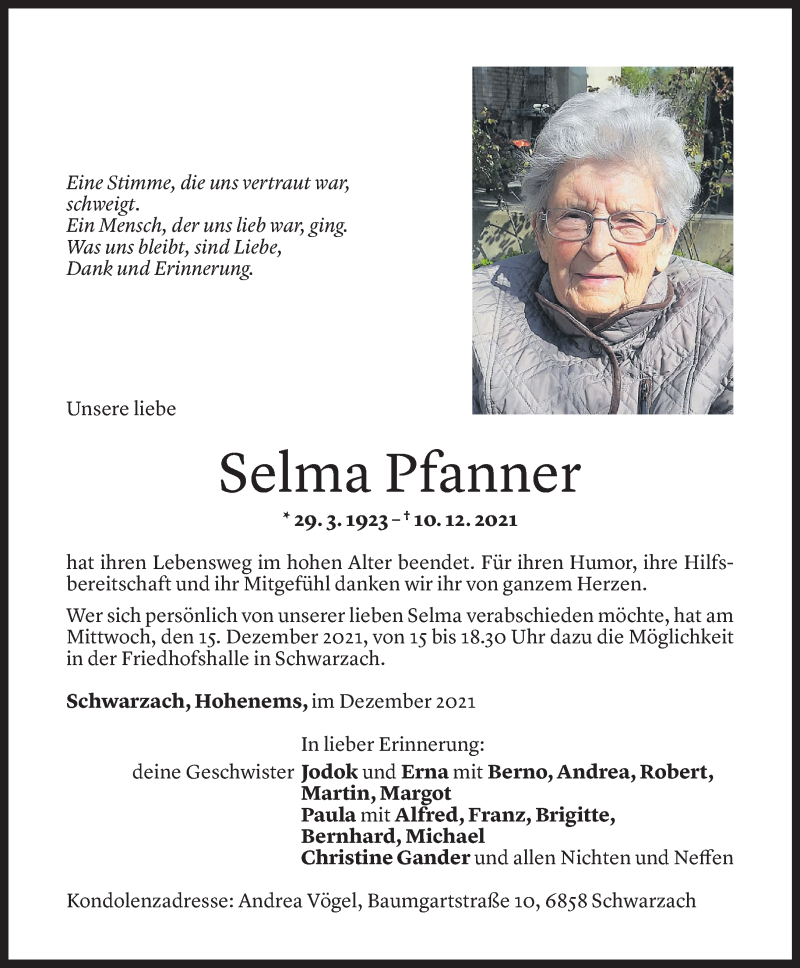  Todesanzeige für Selma Pfanner vom 12.12.2021 aus Vorarlberger Nachrichten