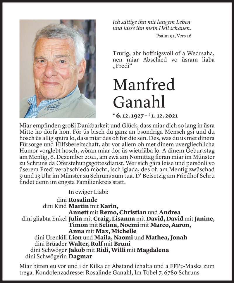  Todesanzeige für Manfred Ganahl vom 04.12.2021 aus Vorarlberger Nachrichten