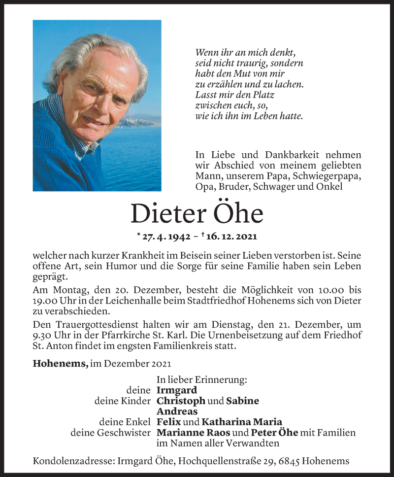 Todesanzeige für Dieter Öhe vom 18.12.2021 aus Vorarlberger Nachrichten