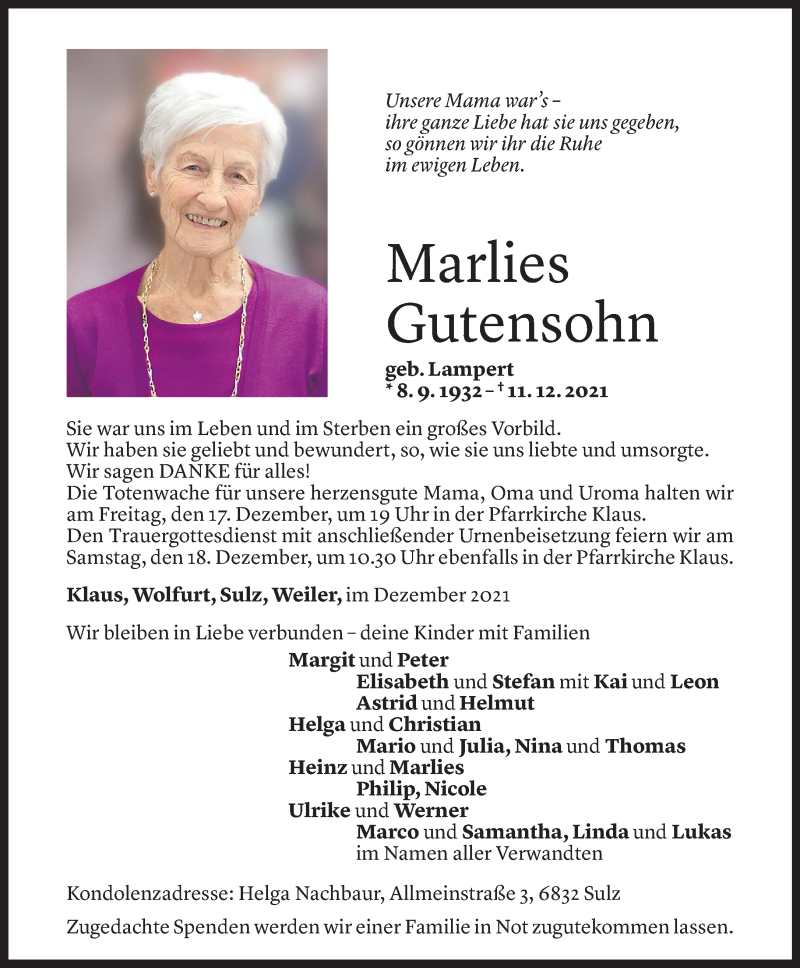  Todesanzeige für Marlies Gutensohn vom 15.12.2021 aus Vorarlberger Nachrichten