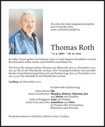 Todesanzeige von Thomas Roth von Vorarlberger Nachrichten