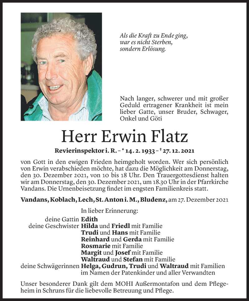  Todesanzeige für Erwin Flatz vom 27.12.2021 aus Vorarlberger Nachrichten