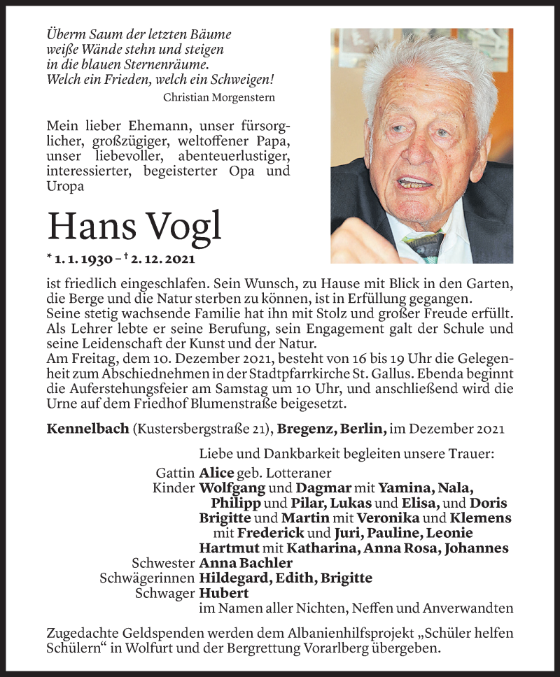  Todesanzeige für Hans Vogl vom 07.12.2021 aus Vorarlberger Nachrichten