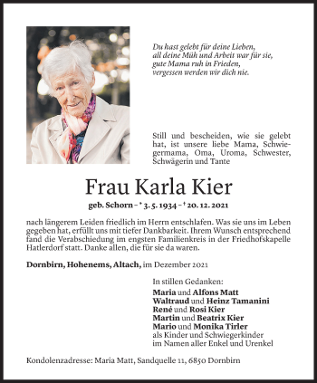 Todesanzeige von Karla Kier von Vorarlberger Nachrichten