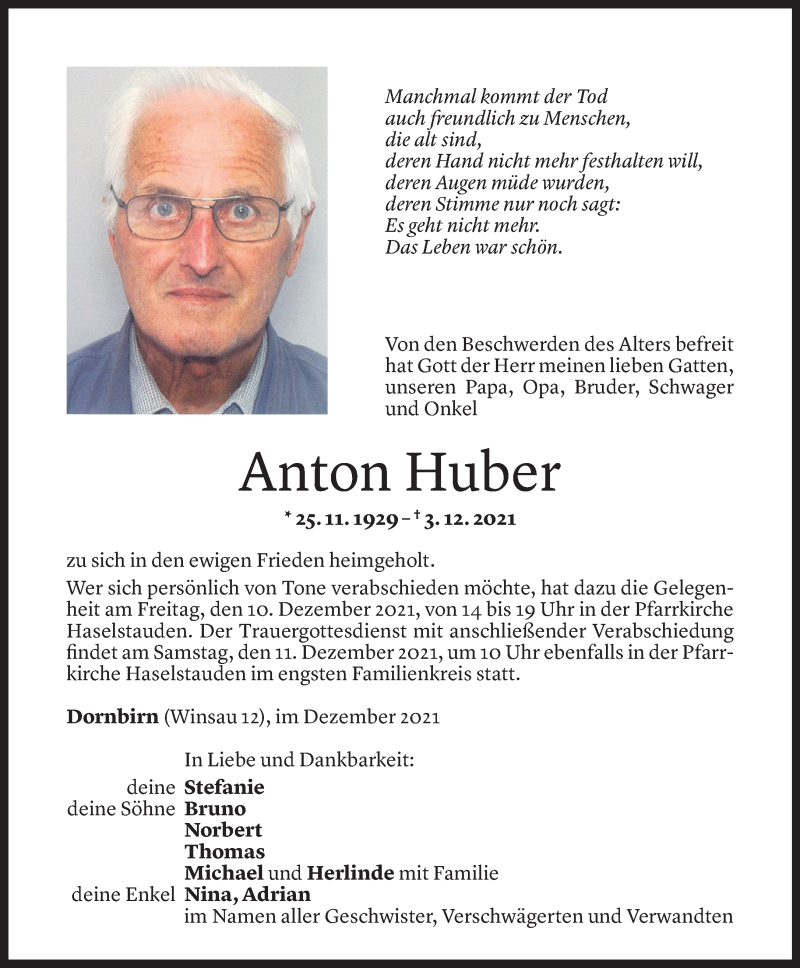  Todesanzeige für Anton Huber vom 07.12.2021 aus Vorarlberger Nachrichten