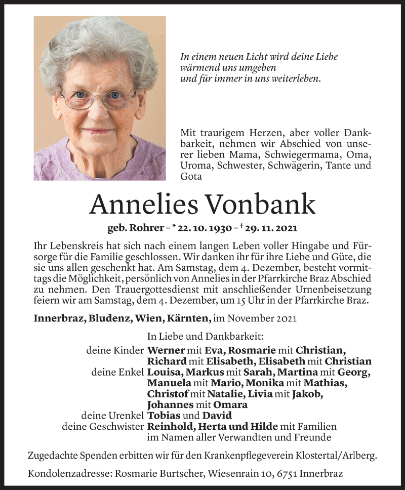  Todesanzeige für Annelies Vonbank vom 02.12.2021 aus Vorarlberger Nachrichten