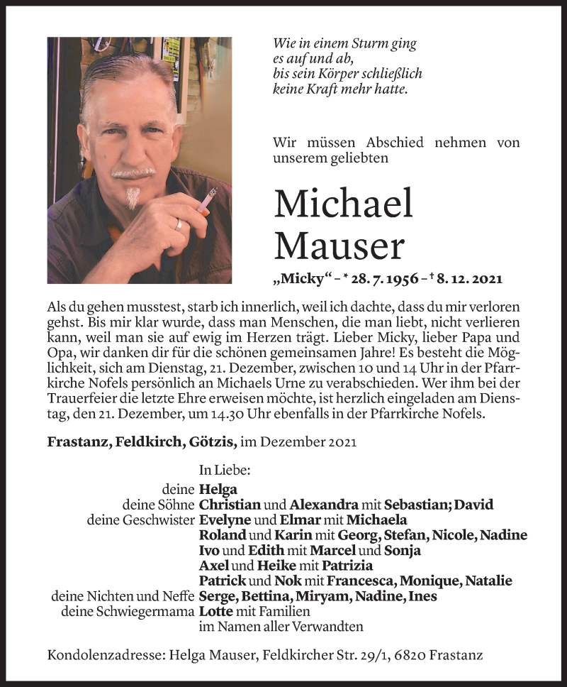  Todesanzeige für Michael Mauser vom 16.12.2021 aus Vorarlberger Nachrichten