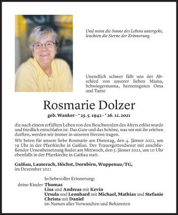 Todesanzeige von Rosmarie Dolzer von Vorarlberger Nachrichten