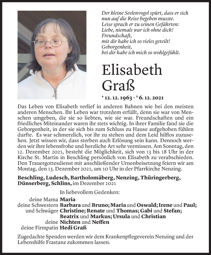  Todesanzeige für Elisabeth Graß vom 09.12.2021 aus Vorarlberger Nachrichten